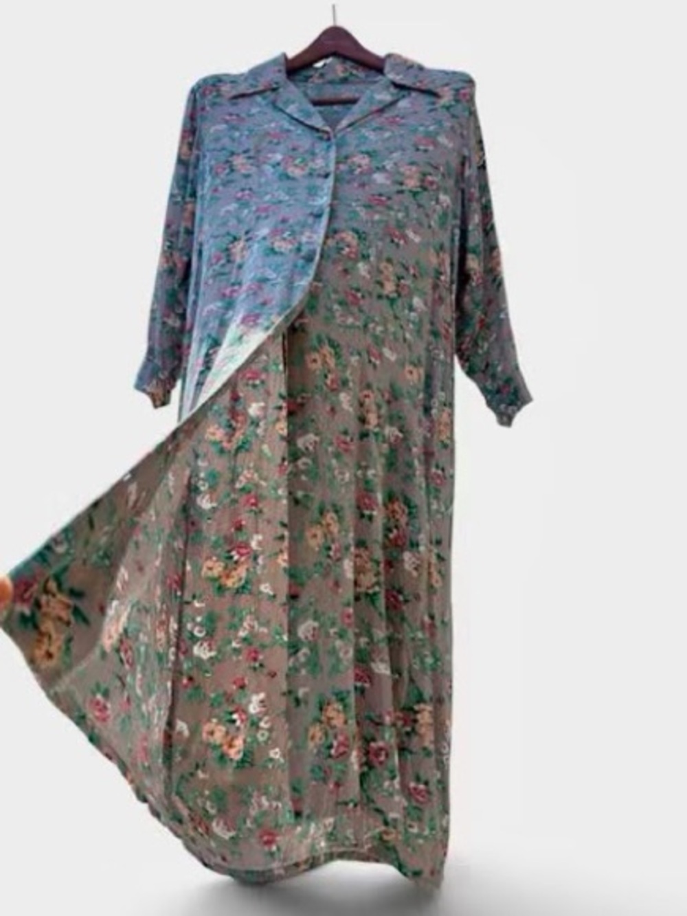 1990s 100% Silk Handmade Dress Floral Cottagecore Button Down Women M L 42.5"